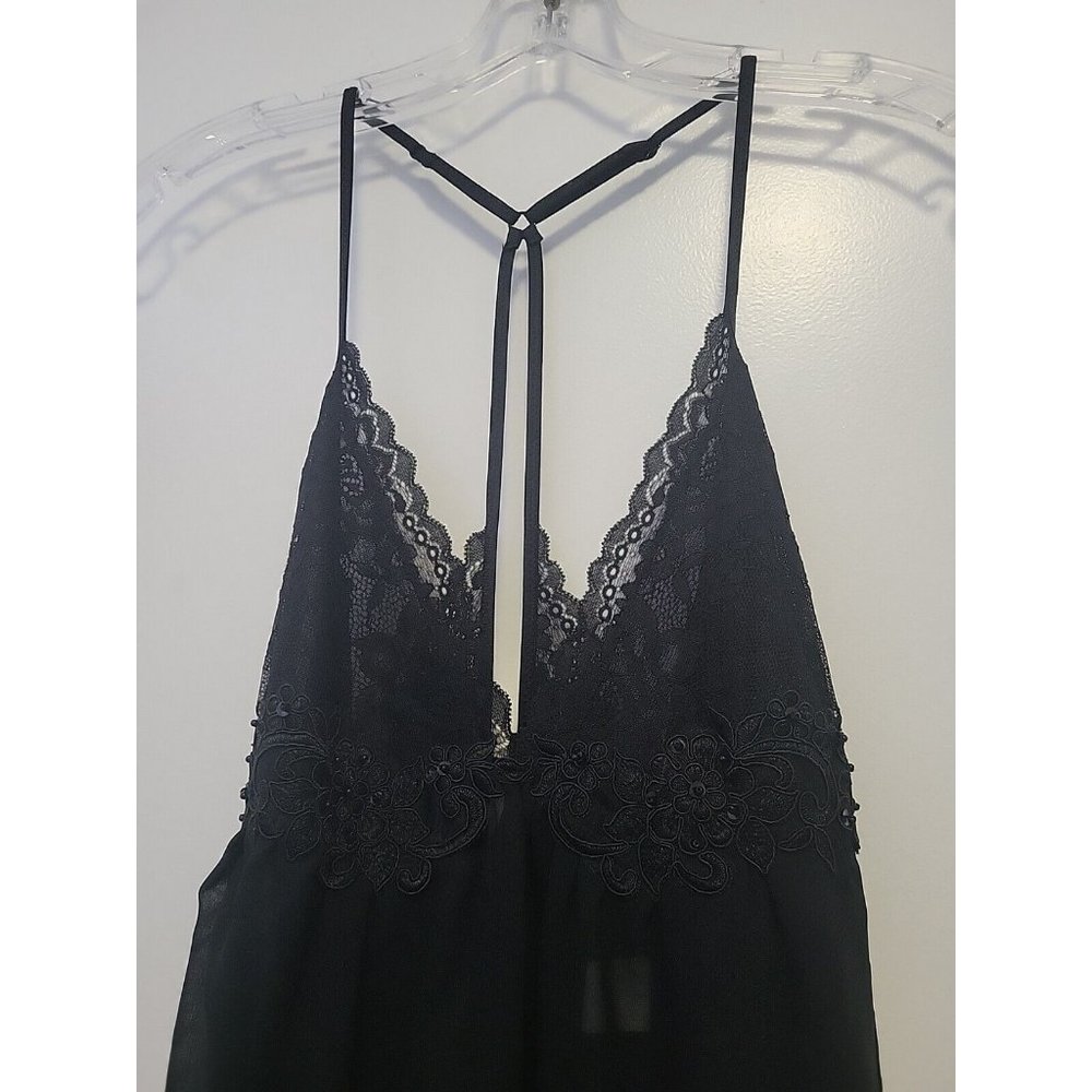 Linea Donatella Chemise Slip Dress Sheer Beaded Black Medium NWT